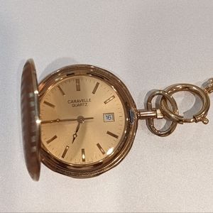 Gentleman's Vintage 1985 Caravelle-Bulova Gold-Plated Pocket Watch with Chain ✨